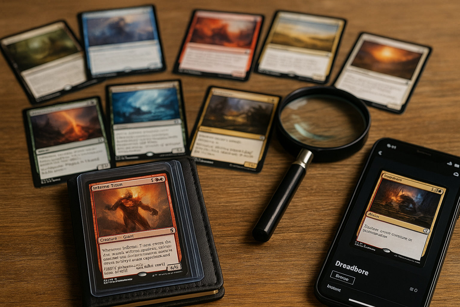 Magic Karten Marktwert ermitteln – Nahaufnahme von MTG Karten mit Schutzhülle, Lupe und Smartphone-App