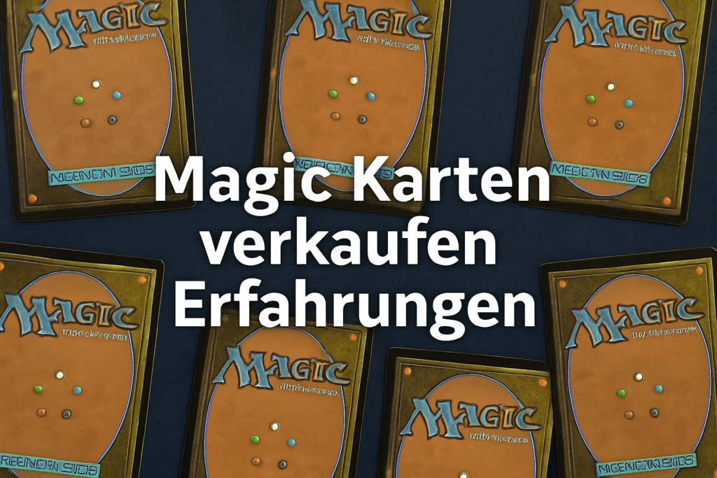 Titelbild: Magic the Gathering Karten Rückseiten mit Text "Magic Karten verkaufen Erfahrungen" in der Mitte