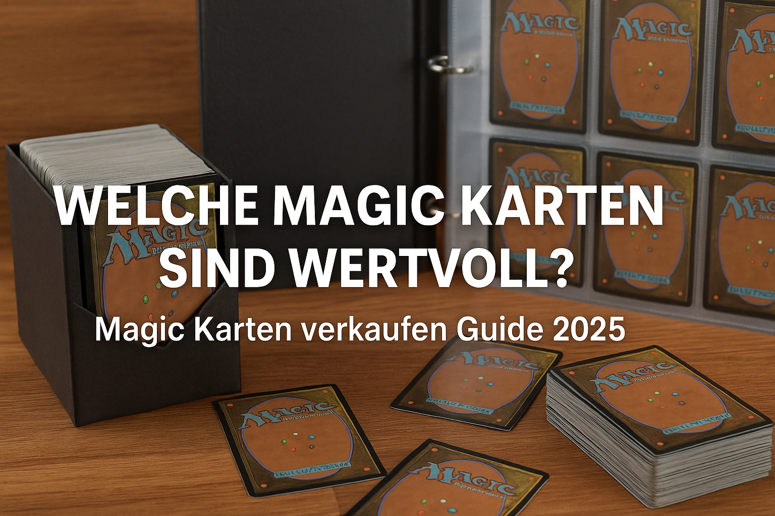 Titelbild mit Magic the Gathering Kartenrückseiten, Kartenstapel, Ordner und Box – Text: ‚Welche Magic Karten sind wertvoll? – Magic Karten verkaufen Guide 2025