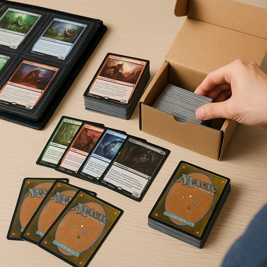 Hand sortiert Magic Karten in Schutzhüllen und Boxen – Vorbereitung zum Verkauf einer Magic Karten Sammlung bei Big O Cards. Magic Karten Sammlung verkaufen